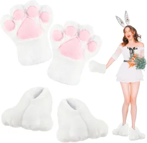 Giegxin 2 Pcs Adult Easter Bunny Costume Bunny Feet Paws Gloves Set Rabbits Hands Shoes Slippers Cartoon