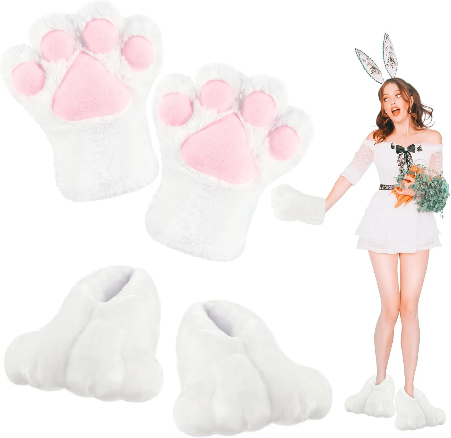 Giegxin 2 Pcs Adult Easter Bunny Costume Bunny Feet Paws Gloves Set Rabbits Hands Shoes Slippers Cartoon