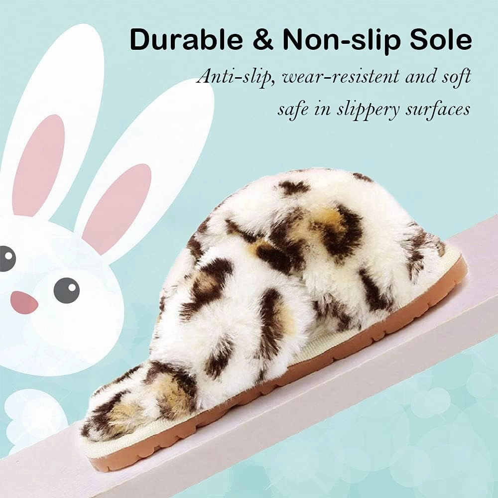 Girls Fluffy Cute Fuzzy Slippers - Open Toe Warm Fur Slides Cross Band Plush Slip on House Indoor Slippers