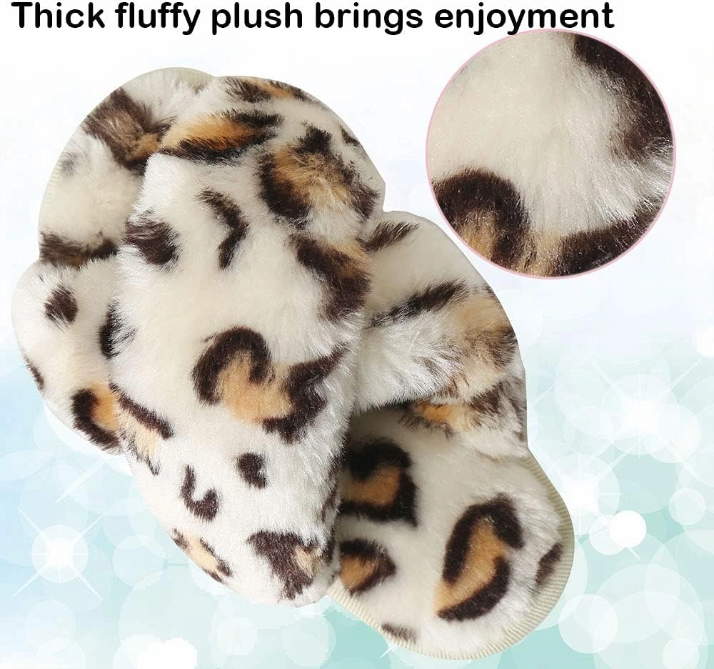 Girls Fluffy Cute Fuzzy Slippers - Open Toe Warm Fur Slides Cross Band Plush Slip on House Indoor Slippers