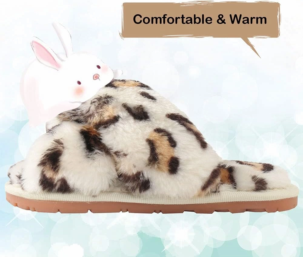 Girls Fluffy Cute Fuzzy Slippers - Open Toe Warm Fur Slides Cross Band Plush Slip on House Indoor Slippers