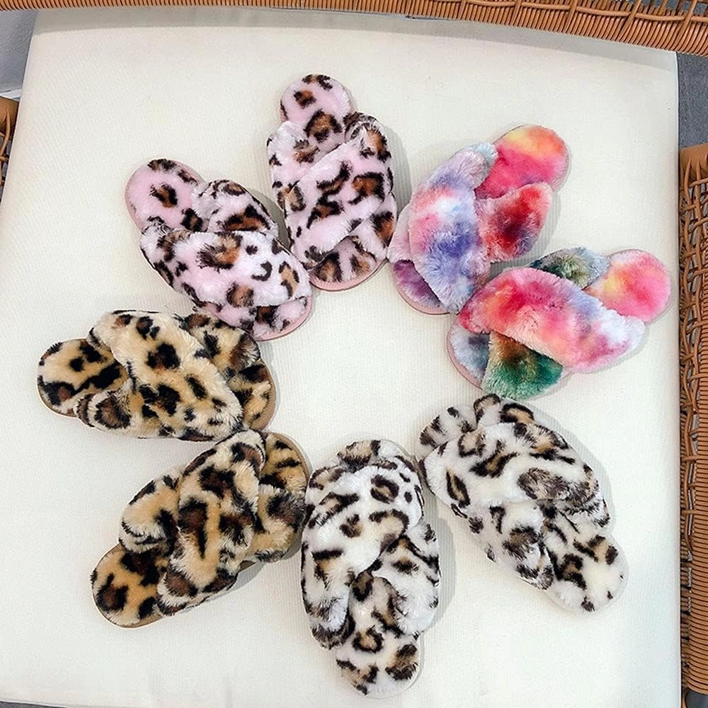 Girls Fluffy Cute Fuzzy Slippers - Open Toe Warm Fur Slides Cross Band Plush Slip on House Indoor Slippers