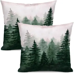 Green Misty Forest Tree Throw Pillow Cover 18x18 inch, Vintage Fir Plant Nature Mountain Scenery Pillow Case Outdoor Decorative Square Farmhouse Cushion Pillowcover for Home Sofa Bed Couch Set of 2