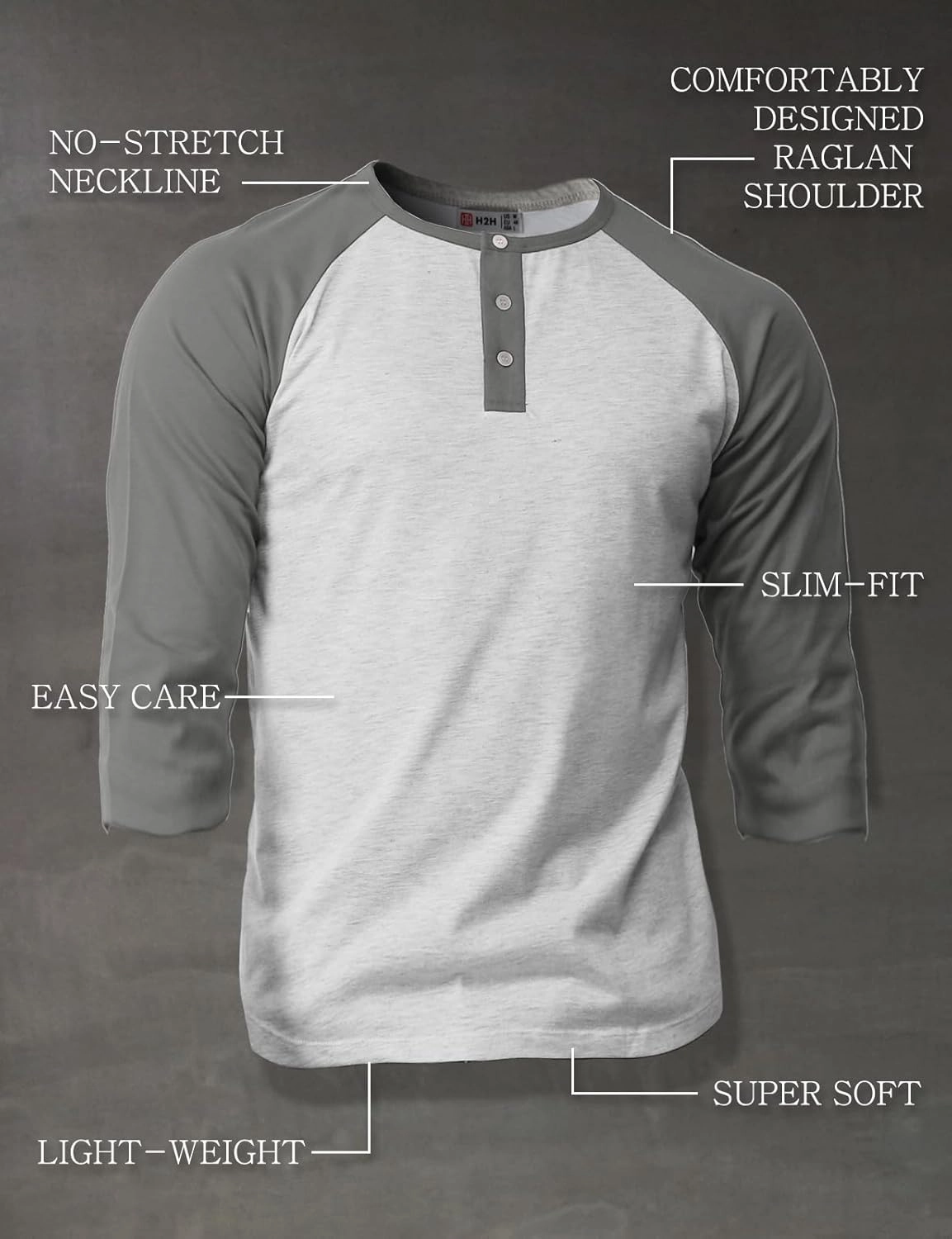 H2H Mens Casual Slim Fit T-Shirts Henley Shirts Raglan Long & 3/4 Sleeve Jersey Baseball T Shirts