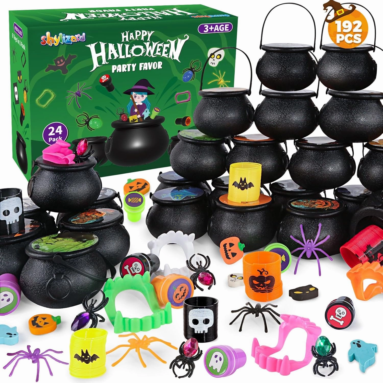 Halloween Party Favors Bulk for Kids, 24 Pack Prefilled Witch Cauldrons with Halloween Toys for Halloween Party Supplies, Halloween Goodie Bag Fillers, Halloween Miniatures Novelty Toys