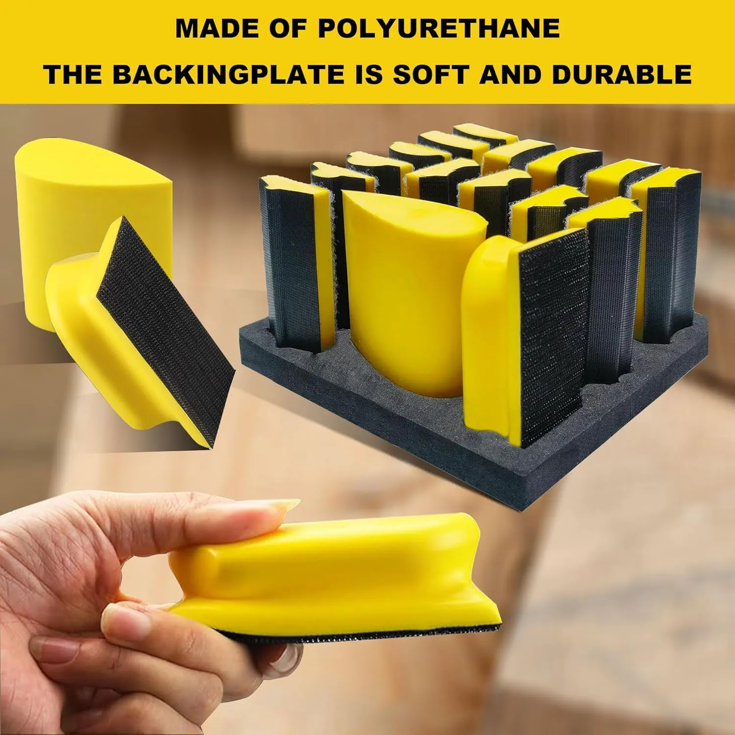 Hand Sanding Block Set of 16,Interchangeable Assorted Contoured Profile Sanding Pad Kit,Hook and Loop Abrasive Sanding Chassis for Sand Wood Furniture, Auto Paint and Crafts,Yellow