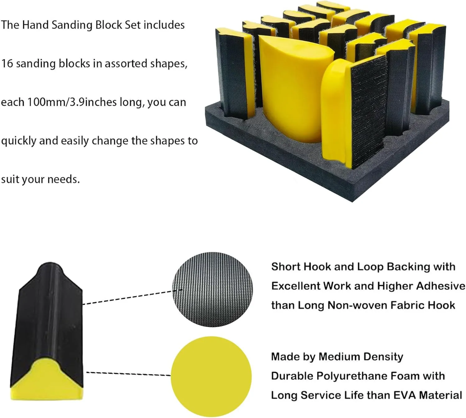 Hand Sanding Block Set of 16,Interchangeable Assorted Contoured Profile Sanding Pad Kit,Hook and Loop Abrasive Sanding Chassis for Sand Wood Furniture, Auto Paint and Crafts,Yellow