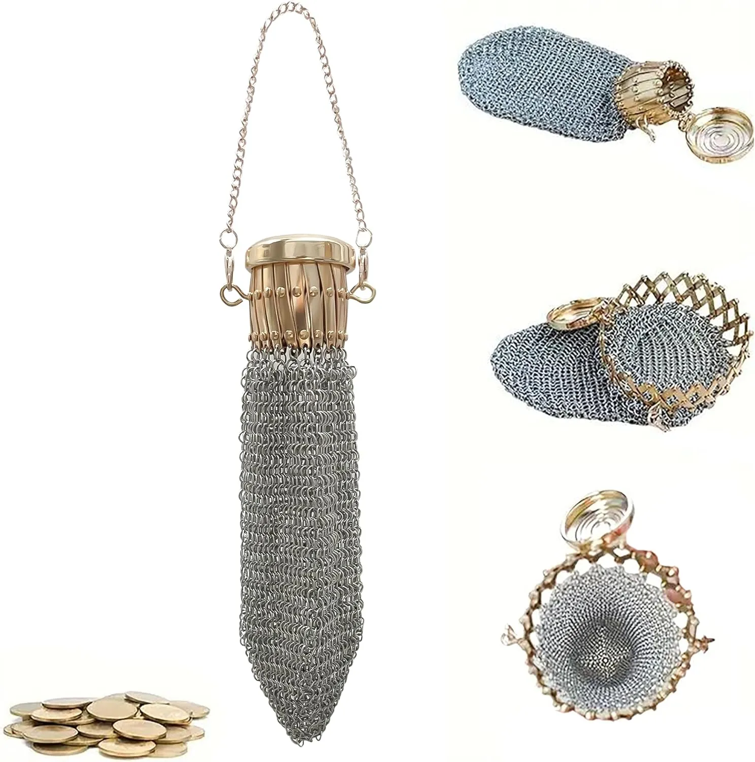 Handmade 1920's English Vintage Coin Purse, Chain Metal Mesh Wallet for Coins, Dice, Jewelry, Cosmetics, Mini Vintage Double Mesh Coin Holder Pouch, Vintage Coin Purse Wallet Ideal for Collectible