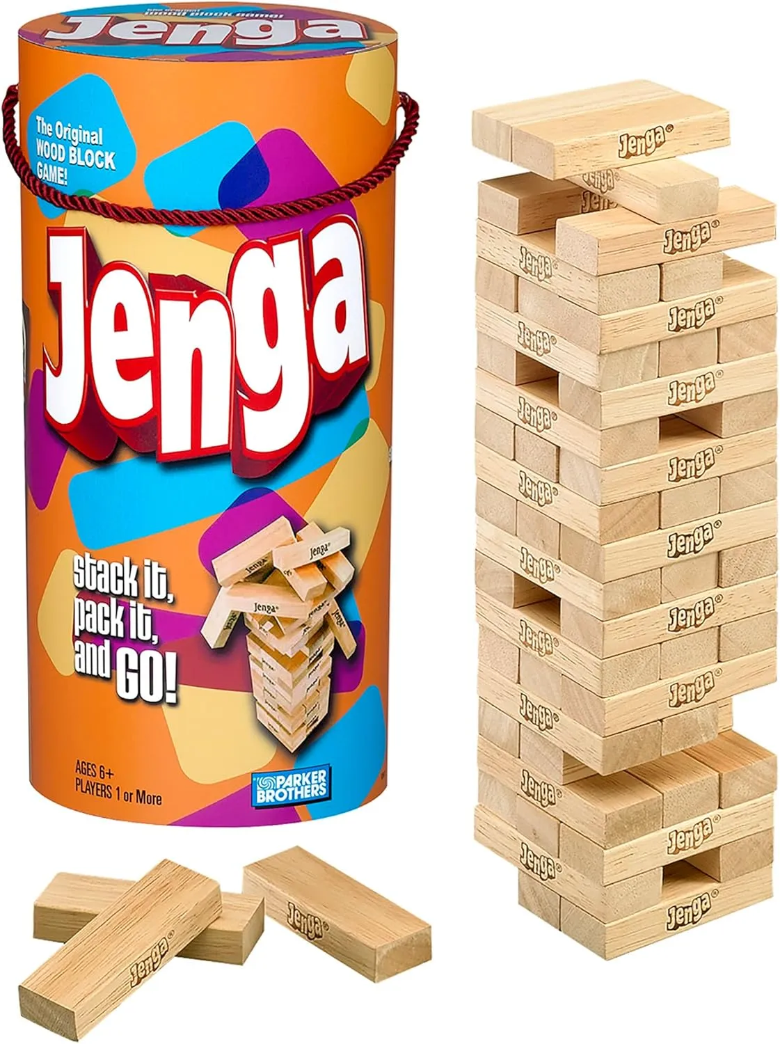 Hasbro Gaming Jenga Wooden Blocks Stacking Tumbling Tower Game | Party Games for Kids & Families | Easter Basket Stuffers | Ages 6  (Amazon Exclusive)