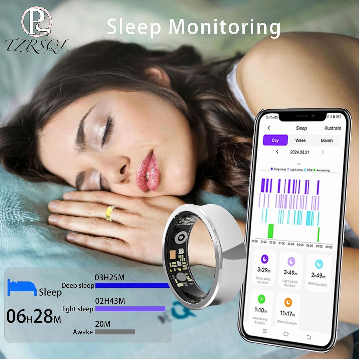 Health Tracker Smart Ring for Men Women, Sleep Tracker, Fitness Tracker with Heart Rate/Blood Pressure/Blood Oxygen Monitor.Temperature Monitor.IP68 Waterproof.No Subscription fee.（Gold 11#）