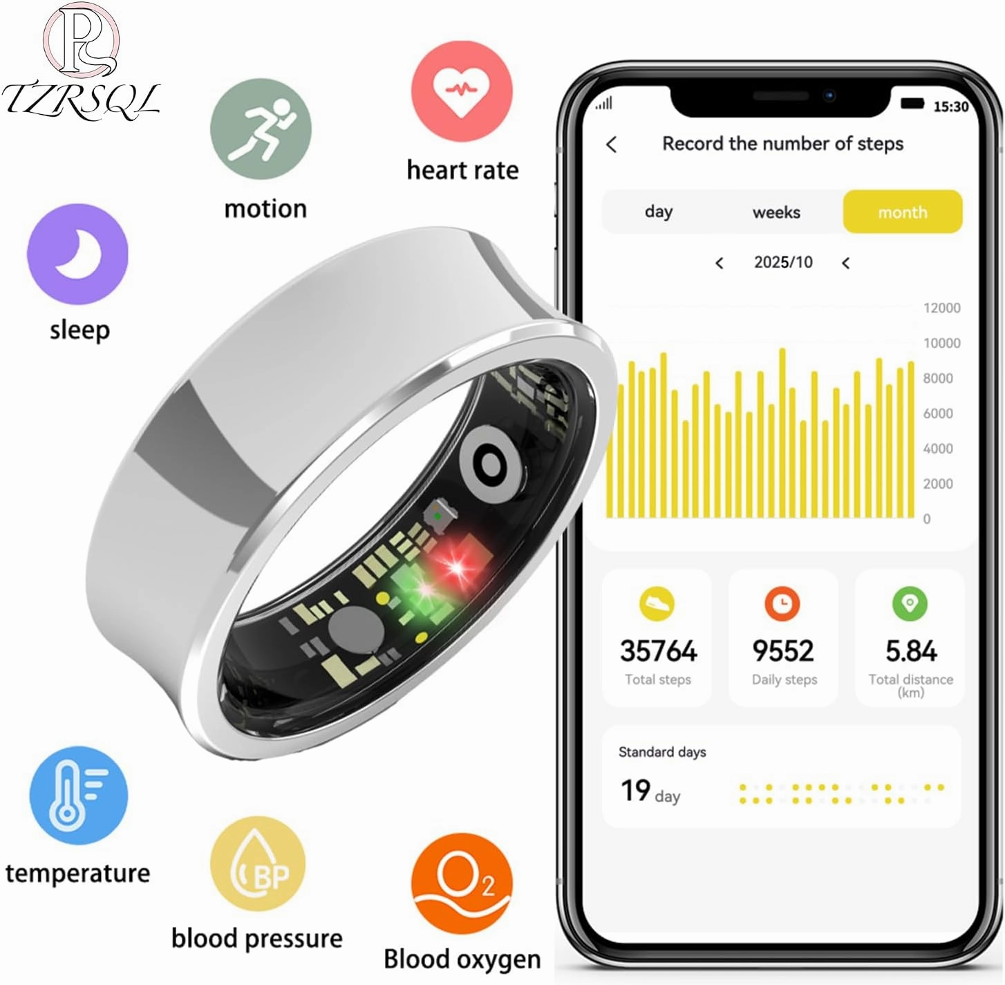 Health Tracker Smart Ring for Men Women, Sleep Tracker, Fitness Tracker with Heart Rate/Blood Pressure/Blood Oxygen Monitor.Temperature Monitor.IP68 Waterproof.No Subscription fee.（Gold 11#）
