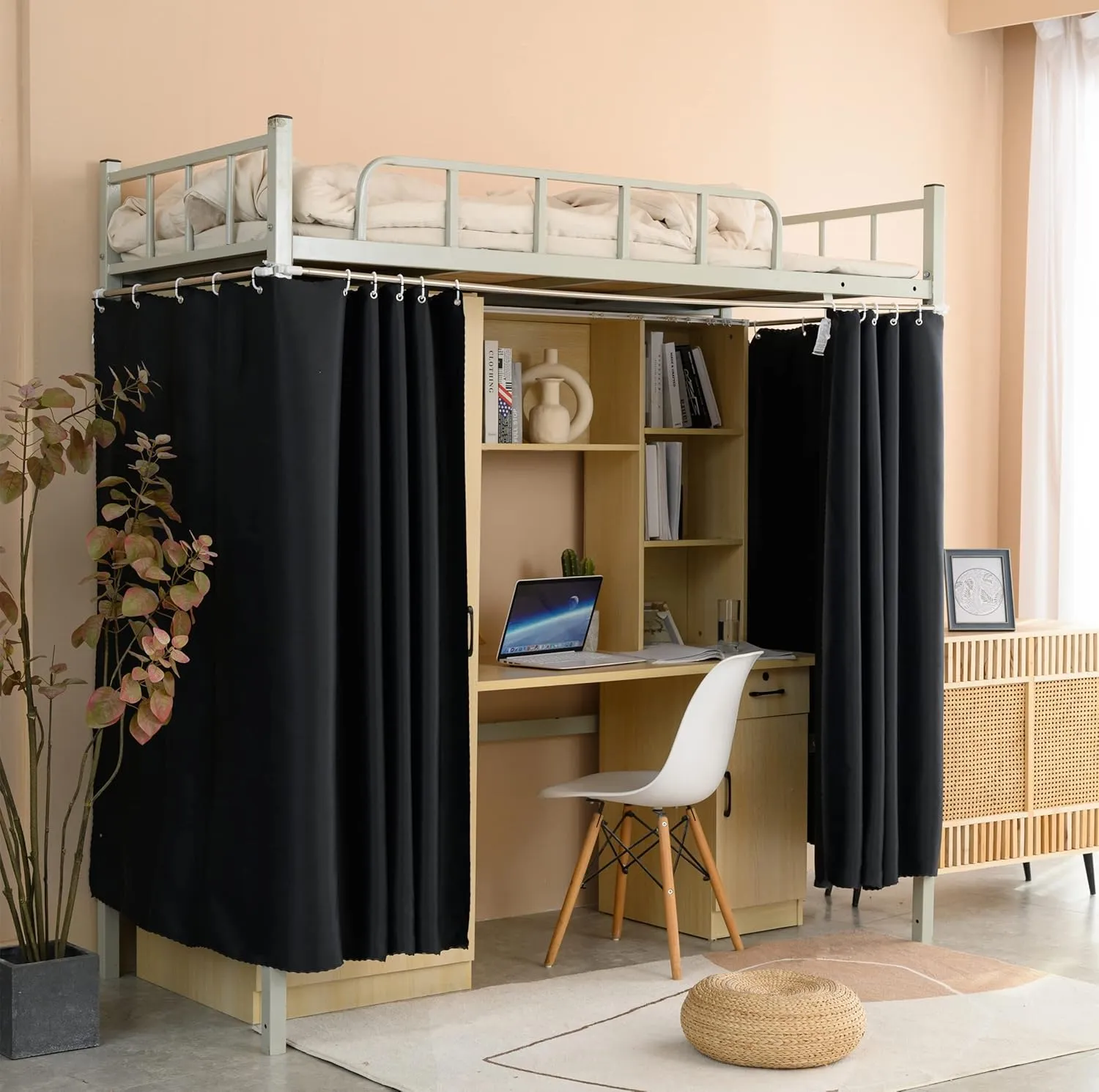 Heavy-Duty Adult Bunk Bed Blackout Curtains for Bottom Twin Privacy Underbed Curtains for High Loft Bed, 2 Panels, Black 59in