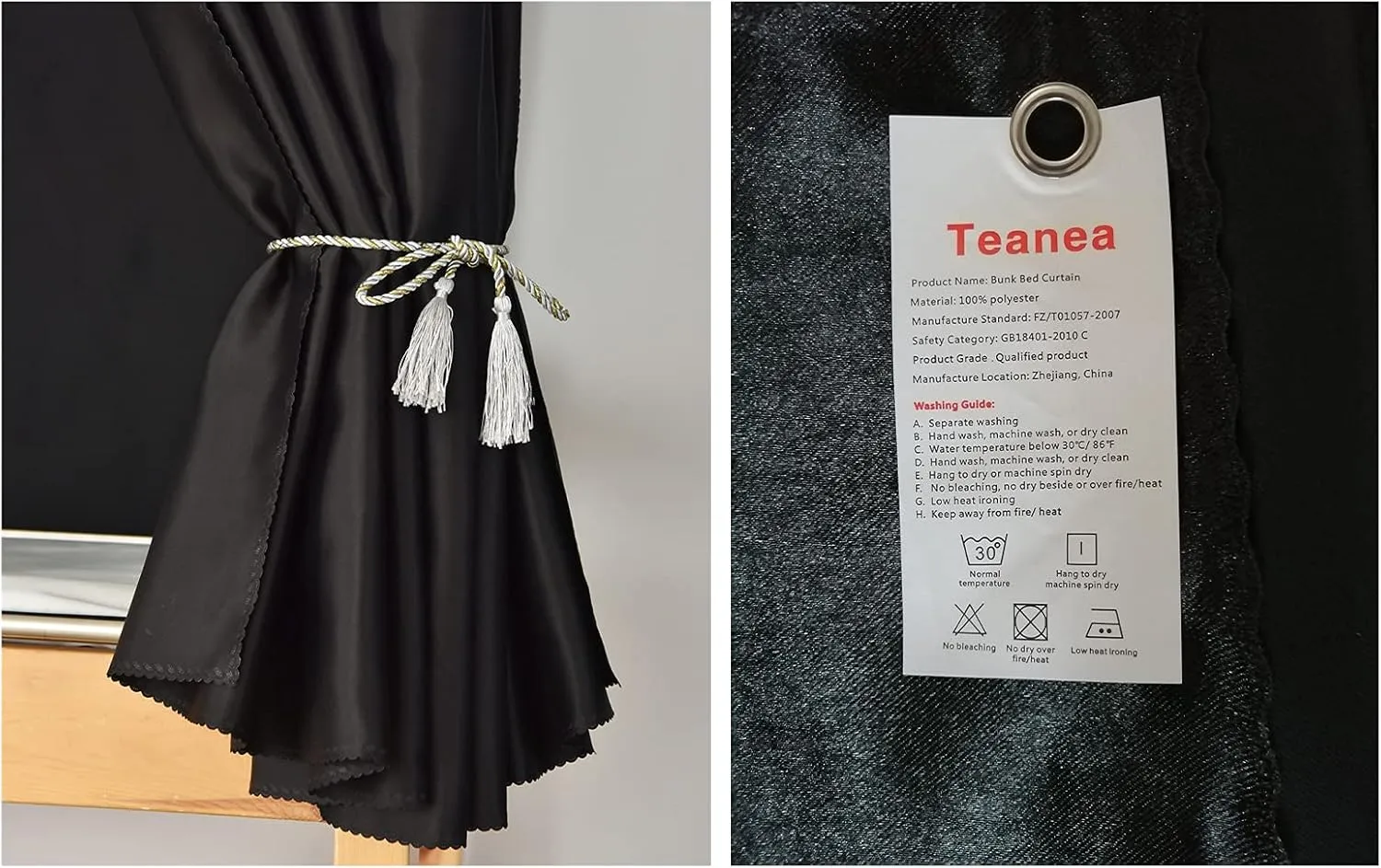 Heavy-Duty Adult Bunk Bed Blackout Curtains for Bottom Twin Privacy Underbed Curtains for High Loft Bed, 2 Panels, Black 59in