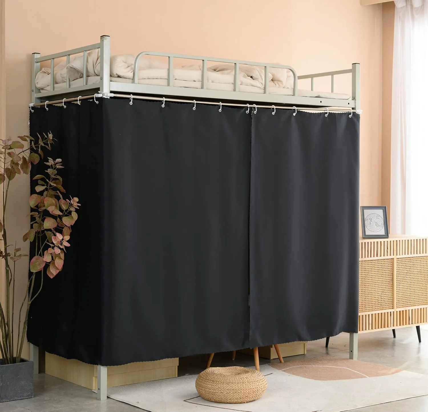 Heavy-Duty Adult Bunk Bed Blackout Curtains for Bottom Twin Privacy Underbed Curtains for High Loft Bed, 2 Panels, Black 59in