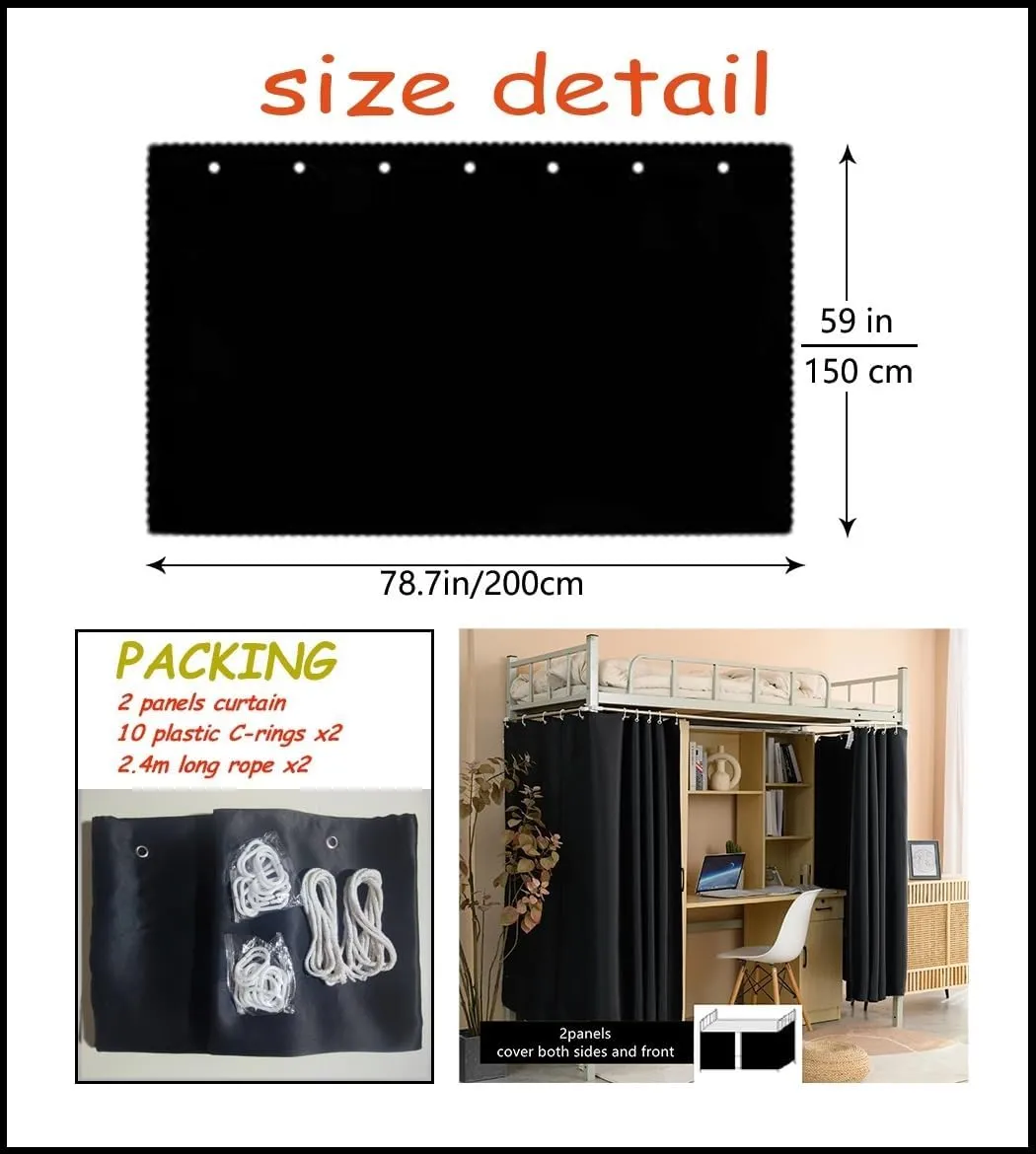Heavy-Duty Adult Bunk Bed Blackout Curtains for Bottom Twin Privacy Underbed Curtains for High Loft Bed, 2 Panels, Black 59in