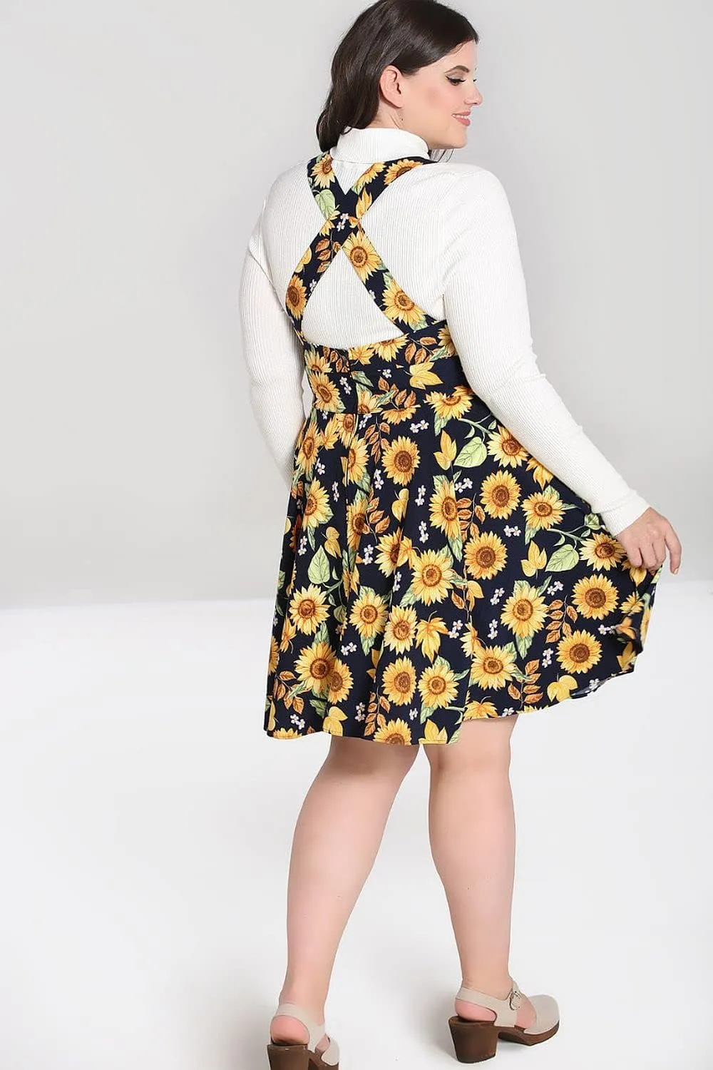 Hell Bunny Sunflower Blue Pinafore Floral Dress