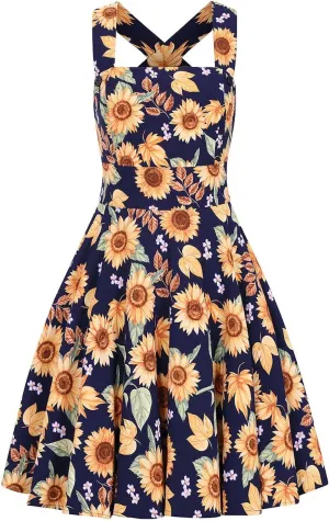 Hell Bunny Sunflower Blue Pinafore Floral Dress
