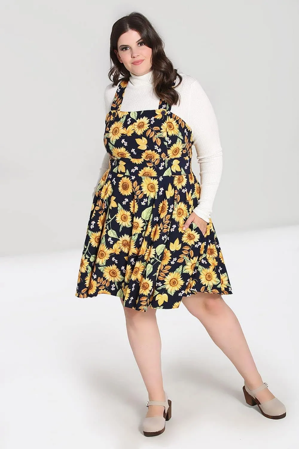 Hell Bunny Sunflower Blue Pinafore Floral Dress