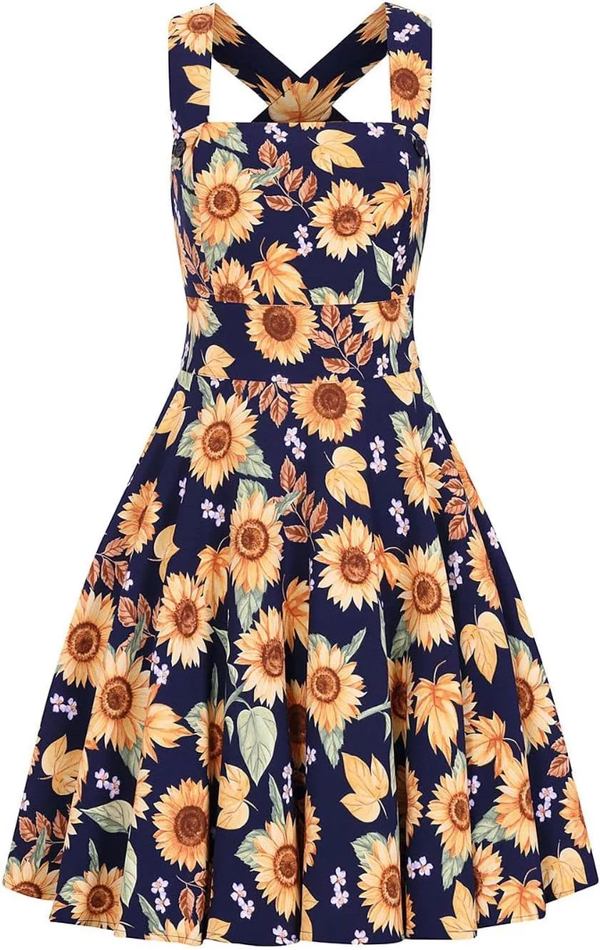 Hell Bunny Sunflower Blue Pinafore Floral Dress