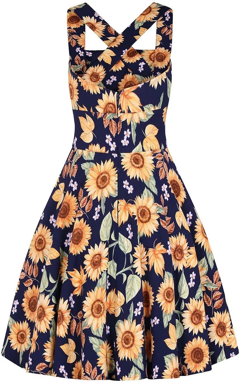 Hell Bunny Sunflower Blue Pinafore Floral Dress