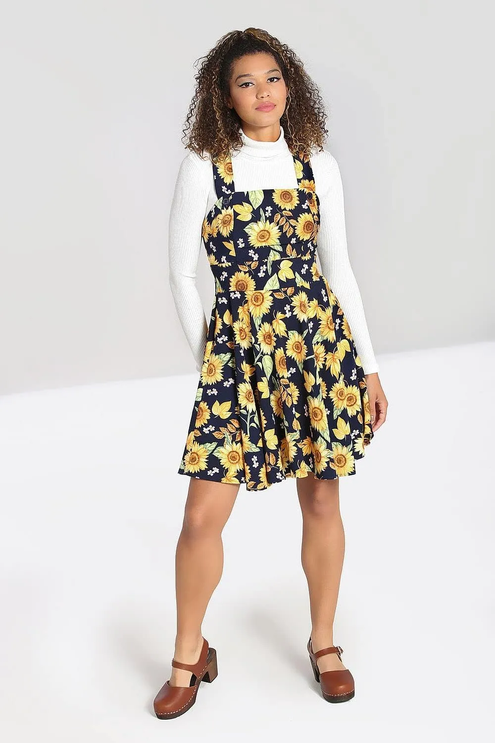 Hell Bunny Sunflower Blue Pinafore Floral Dress