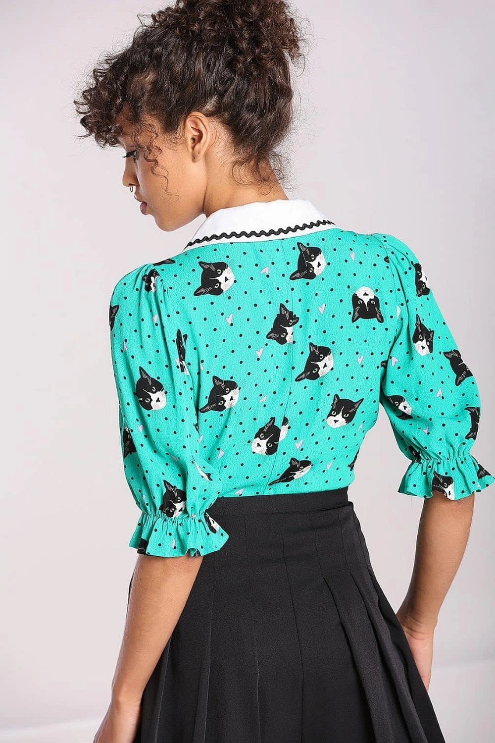 Hell Bunny Love Cats Blouse Kitty 50's Vintage Retro Pinup Puff Sleeve Top