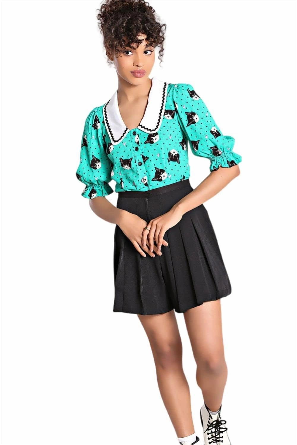 Hell Bunny Love Cats Blouse Kitty 50's Vintage Retro Pinup Puff Sleeve Top