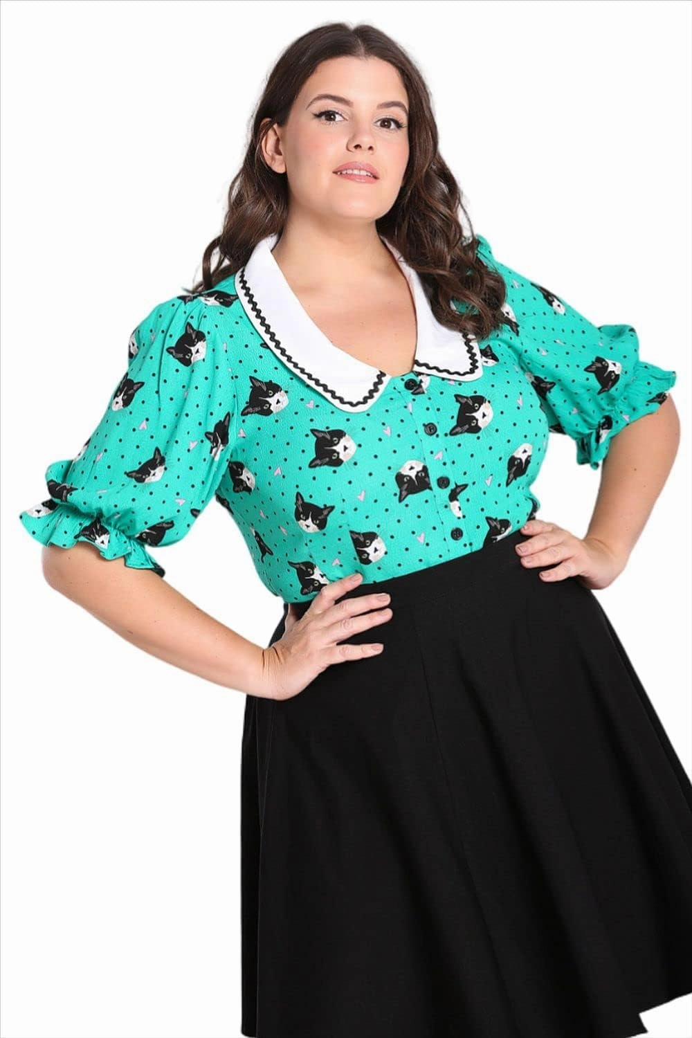Hell Bunny Love Cats Blouse Kitty 50's Vintage Retro Pinup Puff Sleeve Top