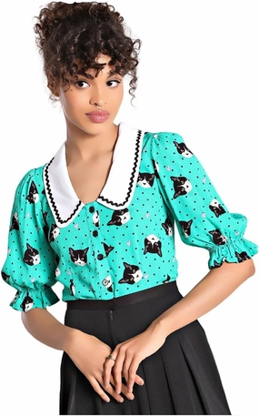 Hell Bunny Love Cats Blouse Kitty 50's Vintage Retro Pinup Puff Sleeve Top