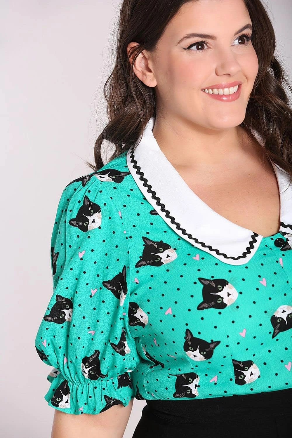 Hell Bunny Love Cats Blouse Kitty 50's Vintage Retro Pinup Puff Sleeve Top