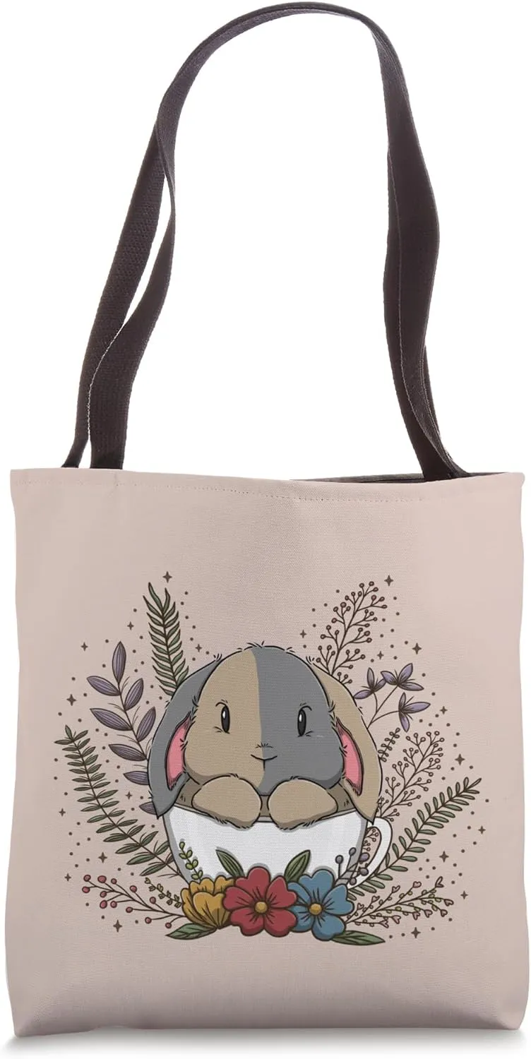 Herbal Tea Bunny - Harlequin Lop Gray Cream Rabbit Easter Tote Bag