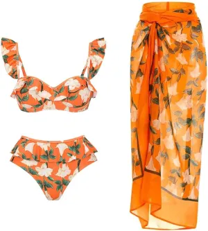 IBAKOM Three Pieces Swimsuits for Women with Matching Wrap Skirt Swim Top Tummy Control Bikin Bottom Mesh Sheer Cover Ups