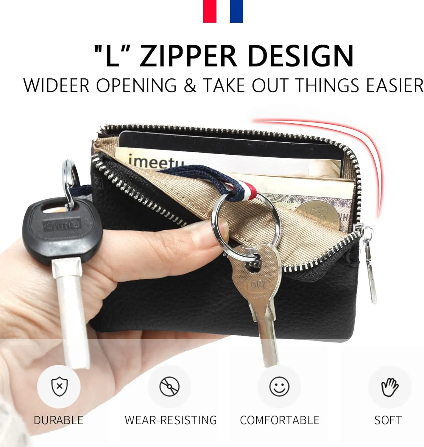 imeetu Leather Coin Purse Wallet, Mini Dual Keyrings Change Pouch Card Holder for Men Women (Black, large)