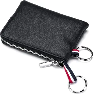 imeetu Leather Coin Purse Wallet, Mini Dual Keyrings Change Pouch Card Holder for Men Women (Black, large)