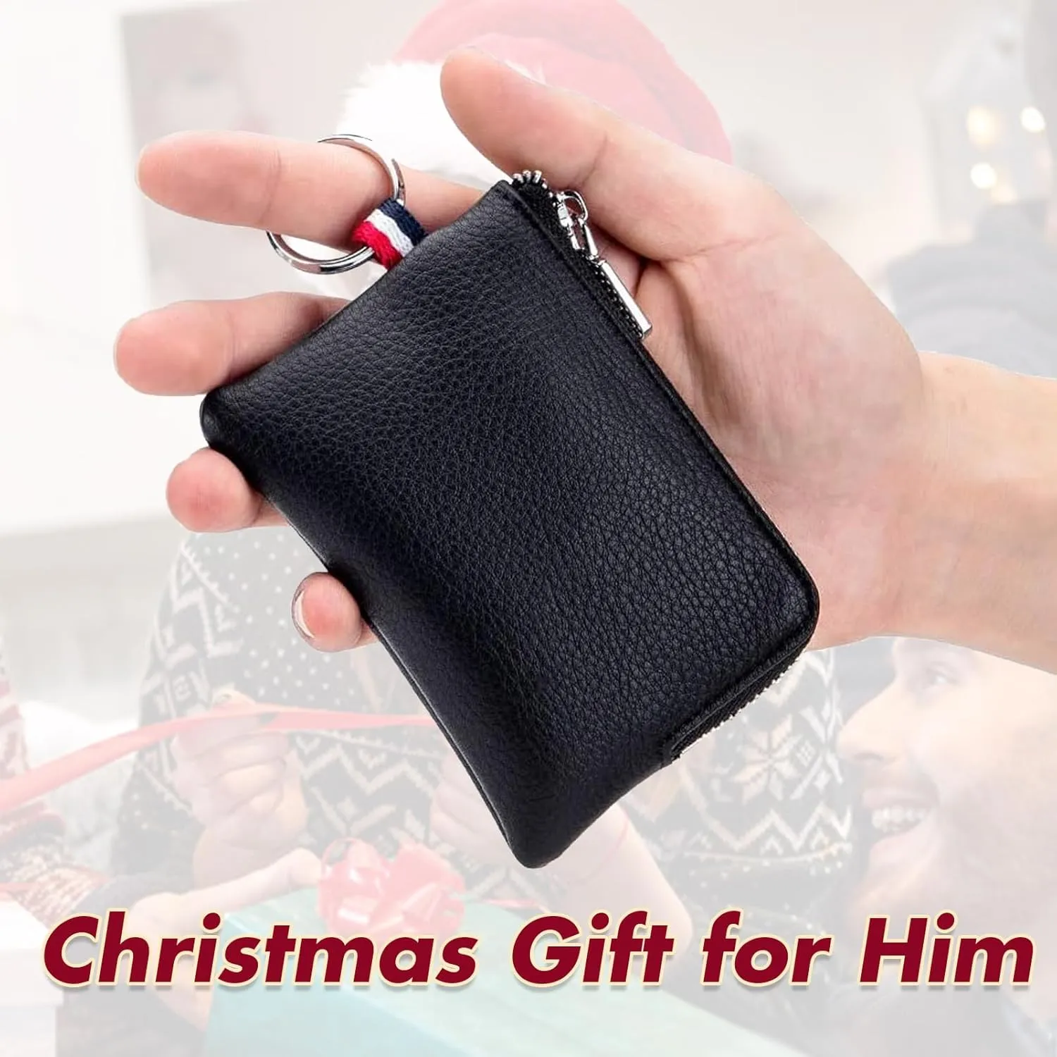 imeetu Leather Coin Purse Wallet, Mini Dual Keyrings Change Pouch Card Holder for Men Women (Black, large)