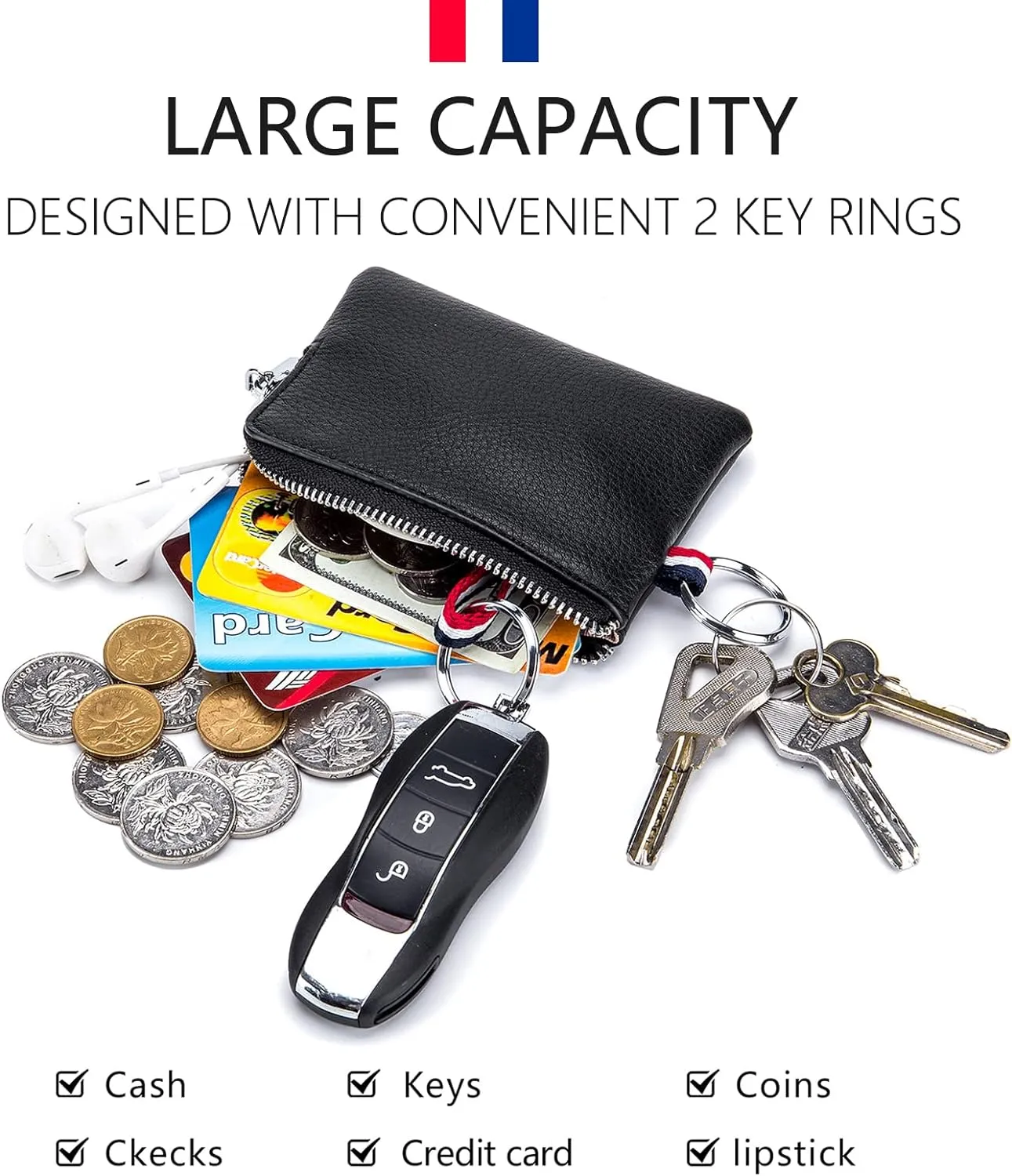imeetu Leather Coin Purse Wallet, Mini Dual Keyrings Change Pouch Card Holder for Men Women (Black, large)