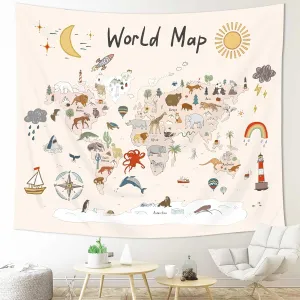 Imirell World Map Kids Tapestry 78Wx59H Inches Wild Animal Educational Learning Tool Adventure Sun Moon Rainbow Plant Cute Cartoon Art Hanging Bedroom Living Room Dorm Wall Blankets Home Decor Fabric