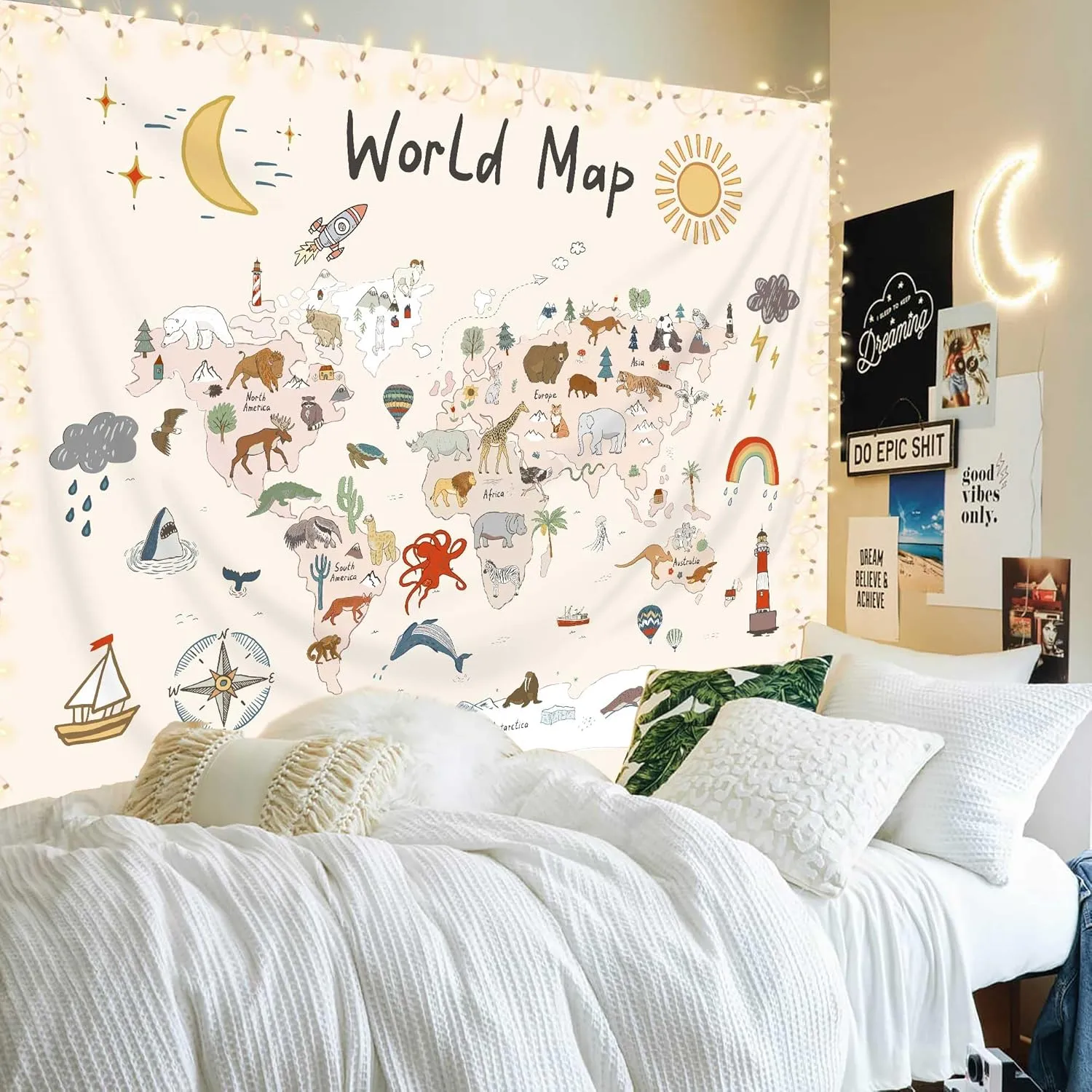 Imirell World Map Kids Tapestry 78Wx59H Inches Wild Animal Educational Learning Tool Adventure Sun Moon Rainbow Plant Cute Cartoon Art Hanging Bedroom Living Room Dorm Wall Blankets Home Decor Fabric