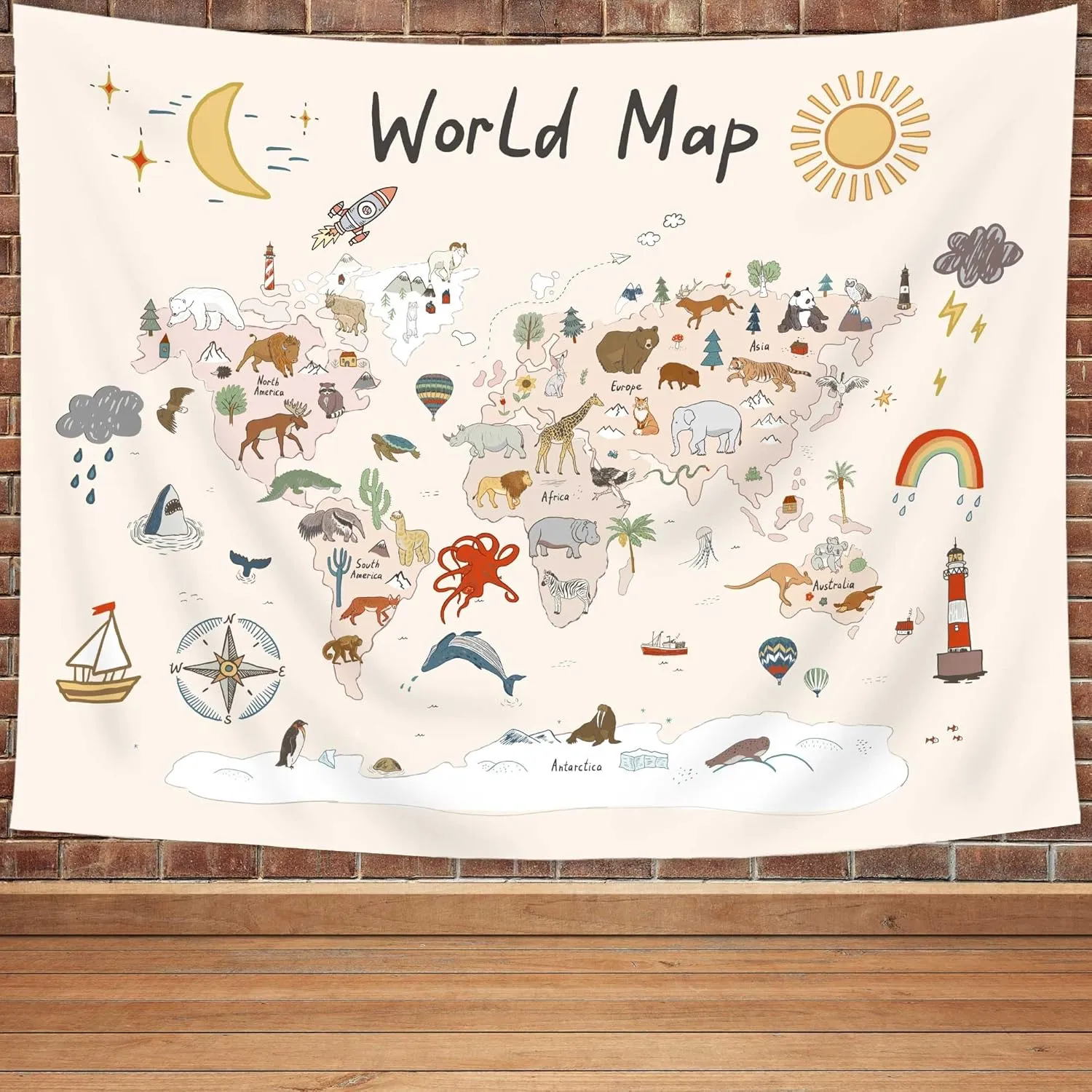 Imirell World Map Kids Tapestry 78Wx59H Inches Wild Animal Educational Learning Tool Adventure Sun Moon Rainbow Plant Cute Cartoon Art Hanging Bedroom Living Room Dorm Wall Blankets Home Decor Fabric