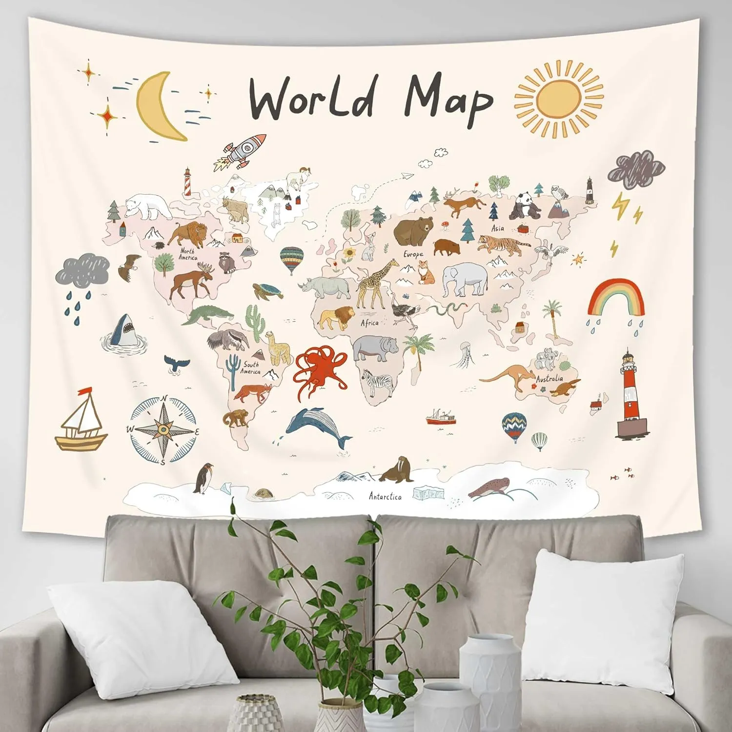 Imirell World Map Kids Tapestry 78Wx59H Inches Wild Animal Educational Learning Tool Adventure Sun Moon Rainbow Plant Cute Cartoon Art Hanging Bedroom Living Room Dorm Wall Blankets Home Decor Fabric