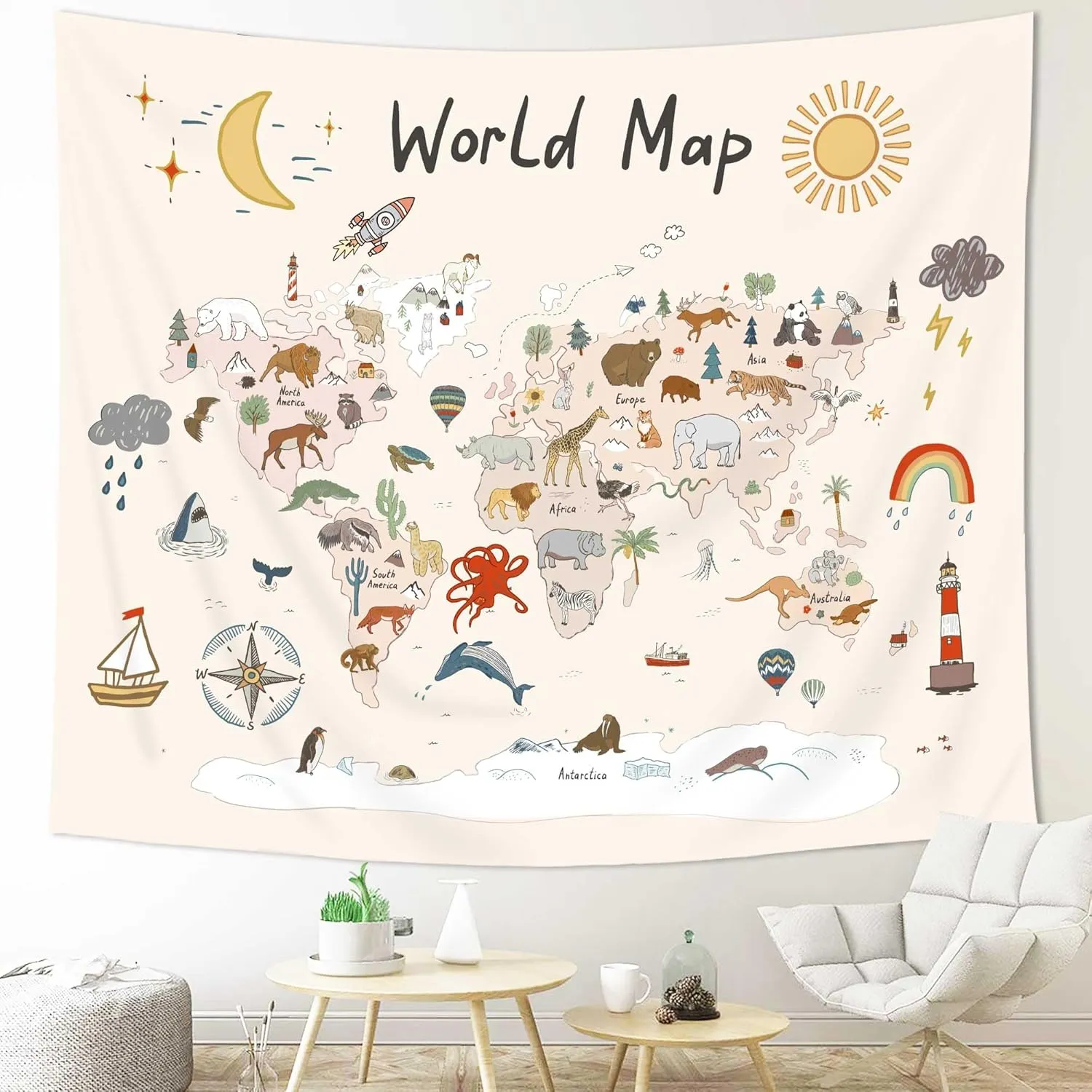 Imirell World Map Kids Tapestry 78Wx59H Inches Wild Animal Educational Learning Tool Adventure Sun Moon Rainbow Plant Cute Cartoon Art Hanging Bedroom Living Room Dorm Wall Blankets Home Decor Fabric