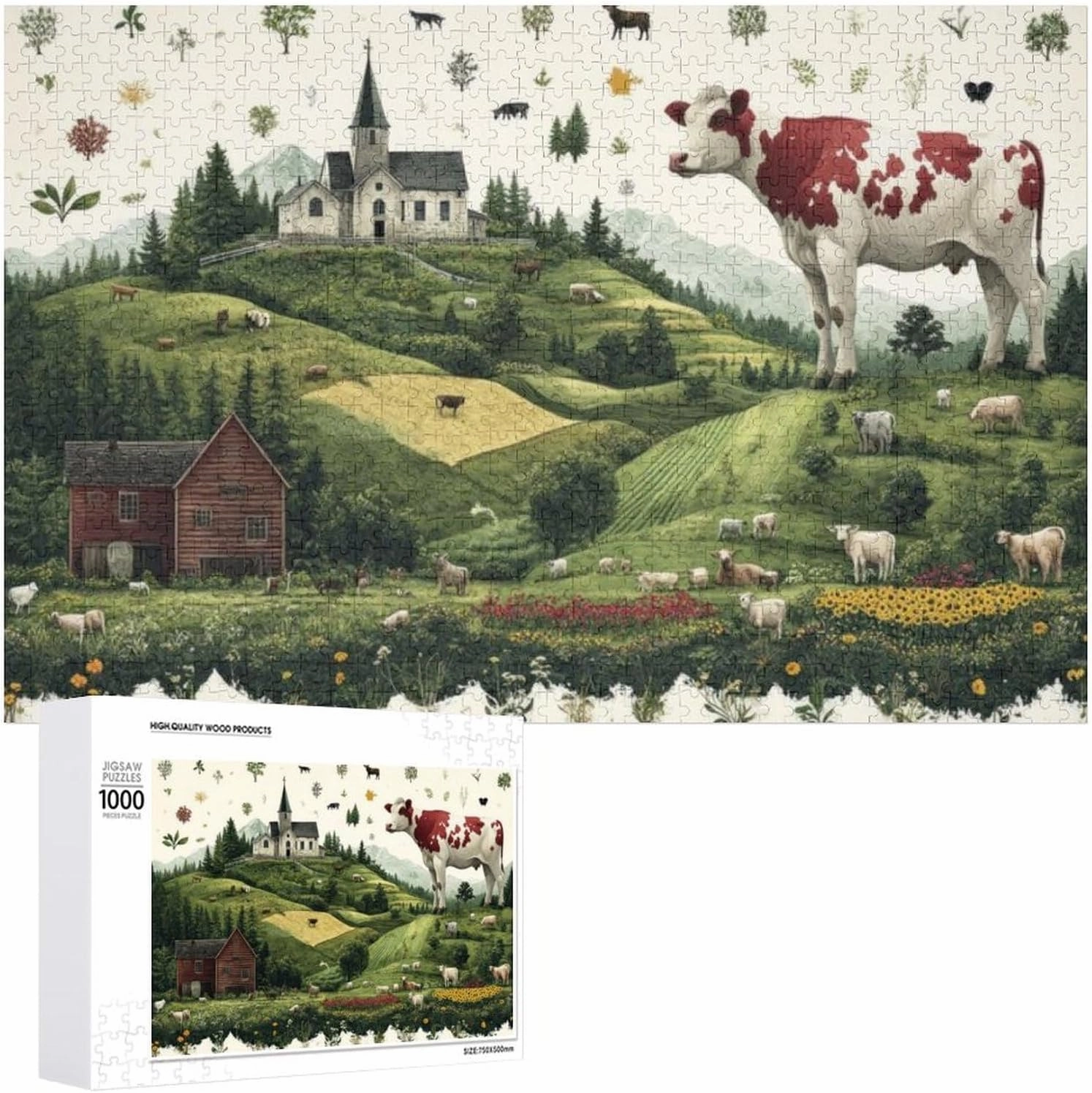 Impossible Puzzles for Adults,Impossible Puzzle for Adults，Mythical - Sized Cow in A Scenic Alpine Village500 PCS，challenging，Challenging