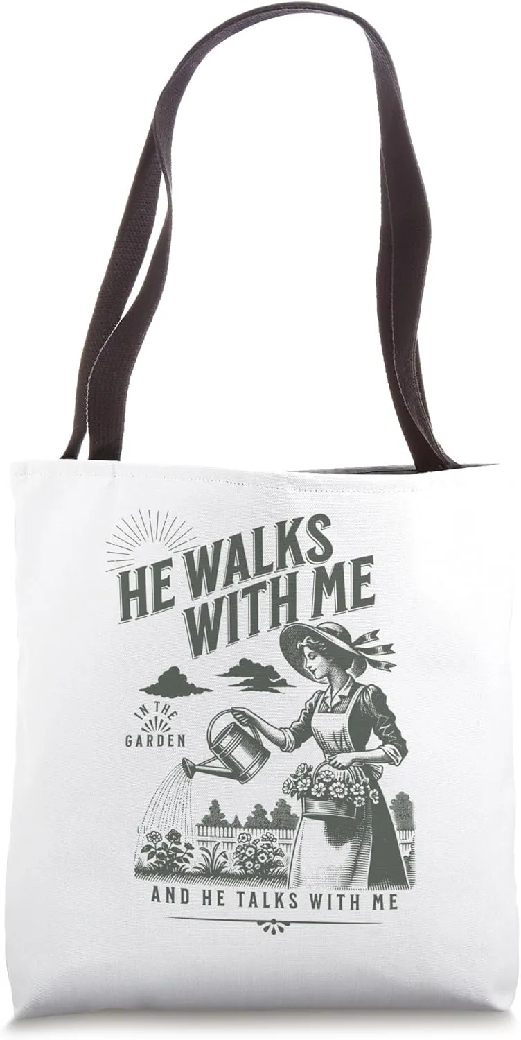 In The Garden Christian Hymn of Praise Lyrics Jesus Faith Tote Bag