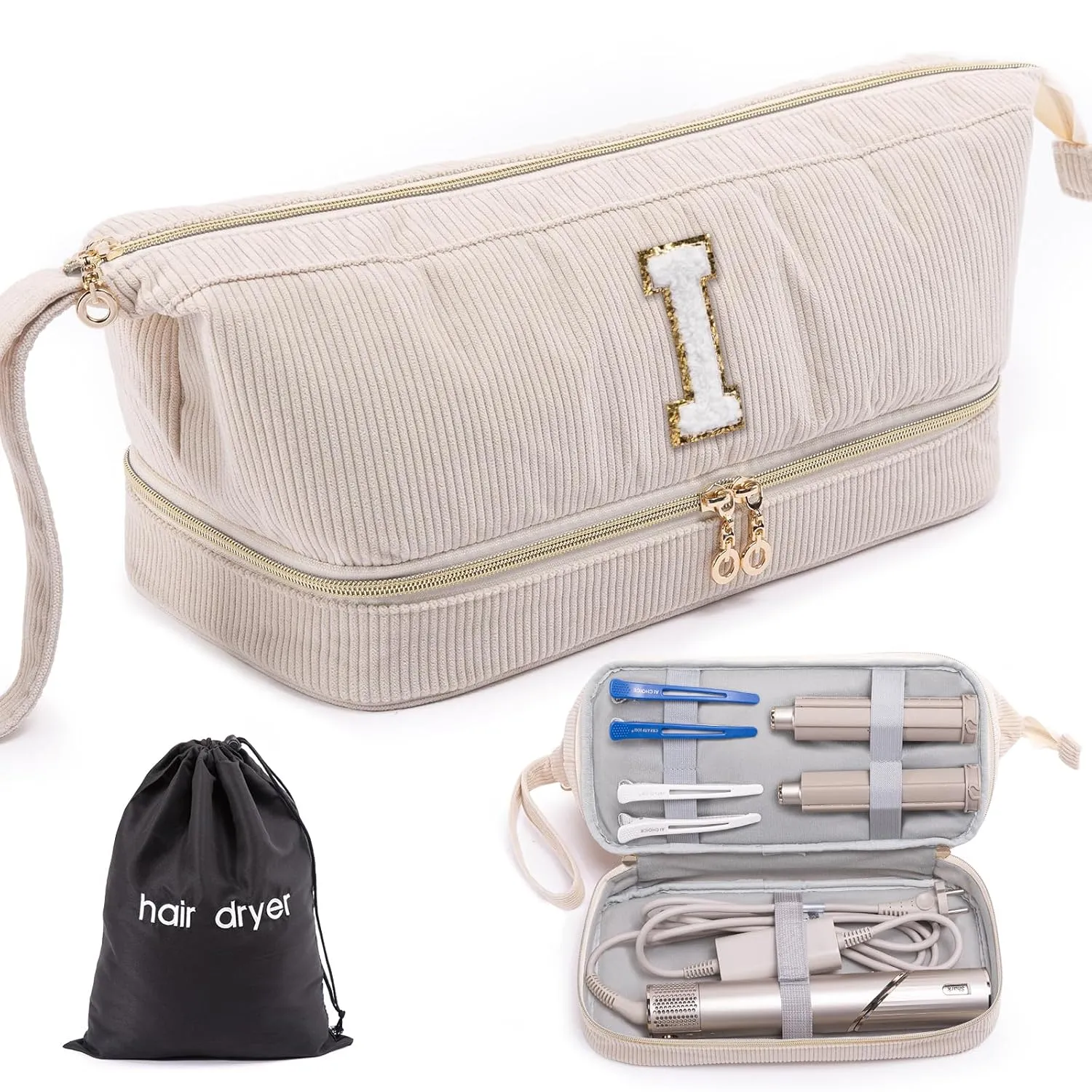 Initial Personalized Hair Dryer Case,Double-Layer Hair Tools Travel Carrying Case for Shark FlexStyle/SmoothStyle with Hair Dryer Bag - Hair Air Wrap Dryer Case Flat Curling Iron Travel Organizer