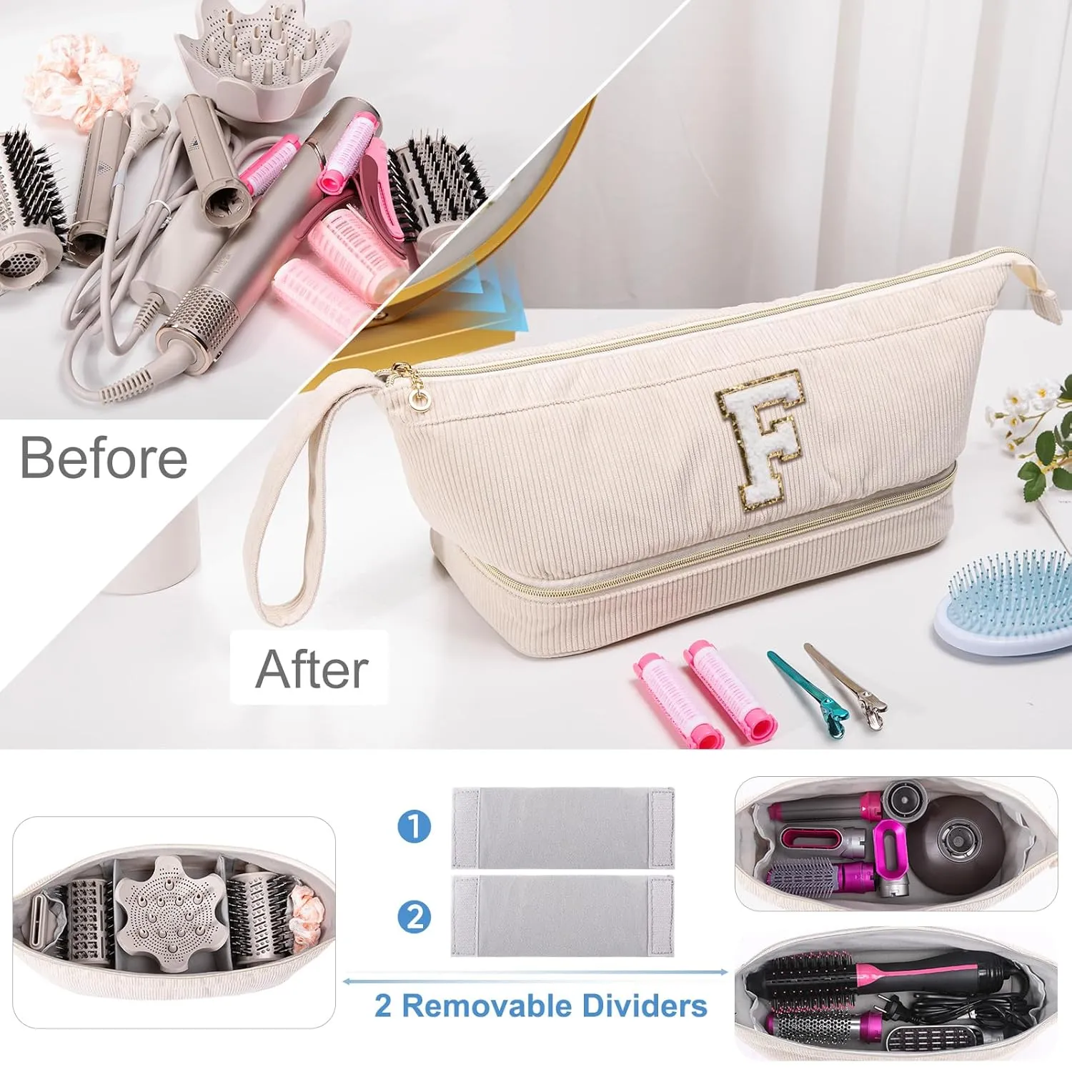 Initial Personalized Hair Dryer Case,Double-Layer Hair Tools Travel Carrying Case for Shark FlexStyle/SmoothStyle with Hair Dryer Bag - Hair Air Wrap Dryer Case Flat Curling Iron Travel Organizer
