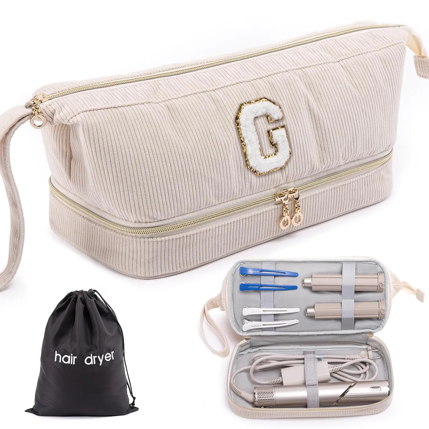Initial Personalized Hair Dryer Case,Double-Layer Hair Tools Travel Carrying Case for Shark FlexStyle/SmoothStyle with Hair Dryer Bag - Hair Air Wrap Dryer Case Flat Curling Iron Travel Organizer