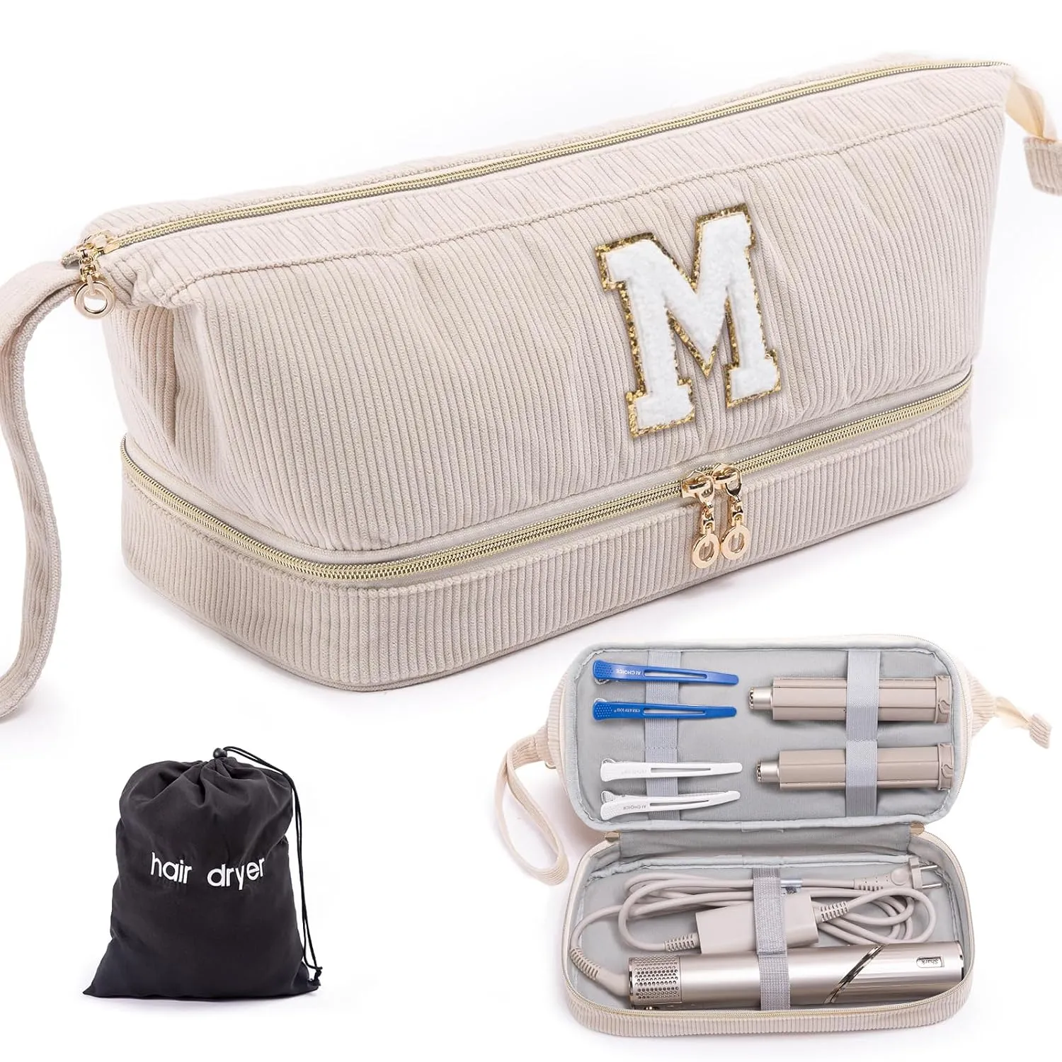 Initial Personalized Hair Dryer Case,Double-Layer Hair Tools Travel Carrying Case for Shark FlexStyle/SmoothStyle with Hair Dryer Bag - Hair Air Wrap Dryer Case Flat Curling Iron Travel Organizer
