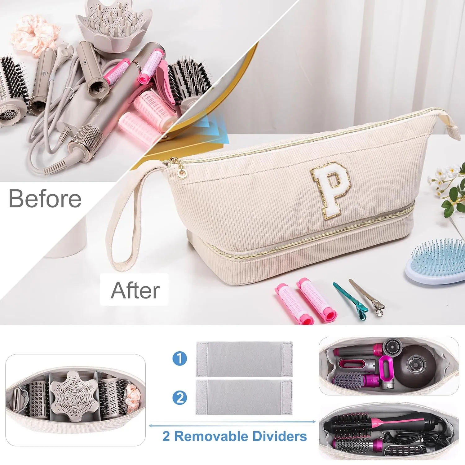 Initial Personalized Hair Dryer Case,Double-Layer Hair Tools Travel Carrying Case for Shark FlexStyle/SmoothStyle with Hair Dryer Bag - Hair Air Wrap Dryer Case Flat Curling Iron Travel Organizer