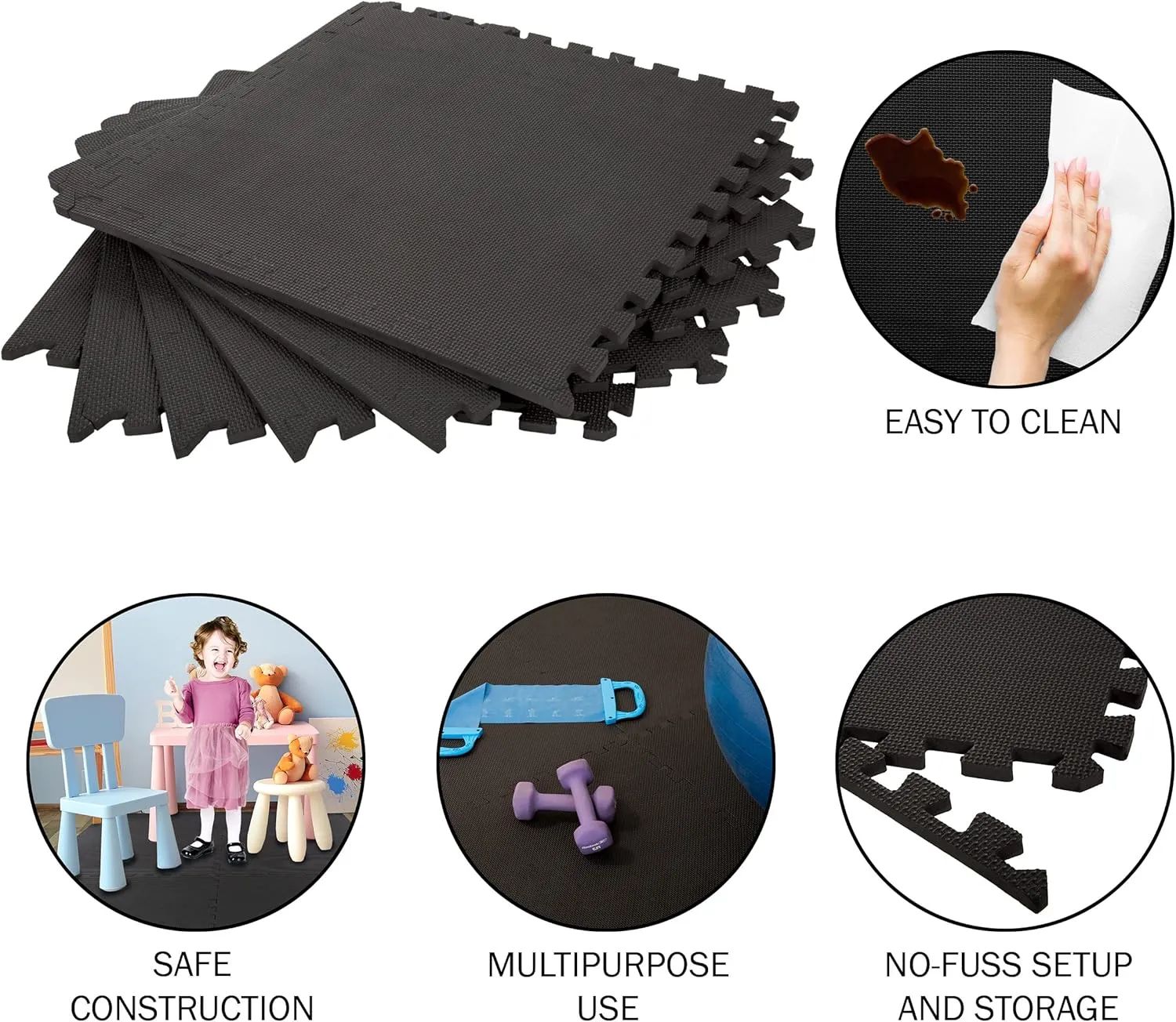 Interlocking EVA Foam Floor Tiles for Home Gym, Yoga Mat, Workout Equipment, or Child's Play Surface - Set of 6, (Black) by Stalwart
