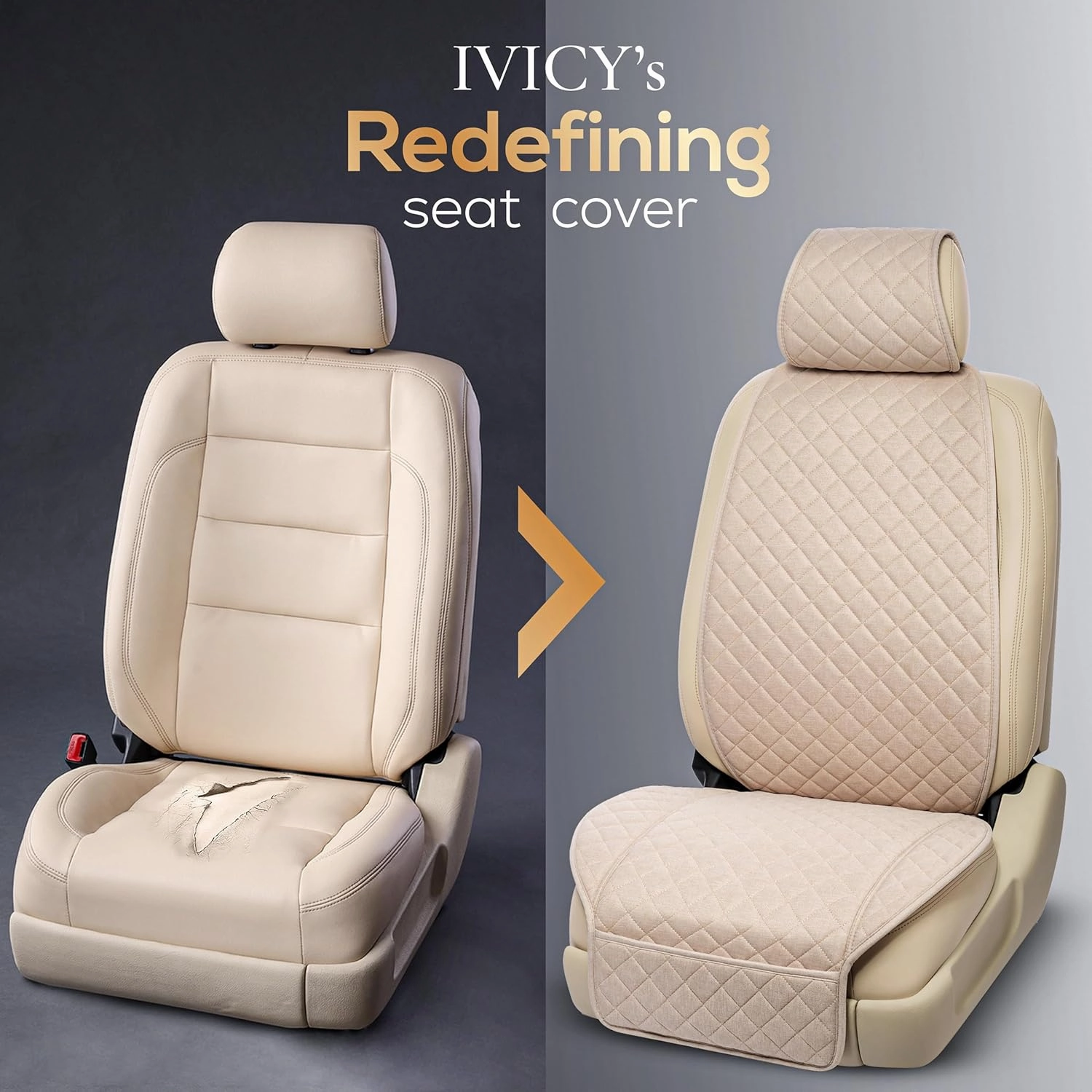 IVICY Linen Car Seat Cover for Cars - Non-Slip Soft & Breathable - Front Car Seat Protector Covers Universal Fits Most Automotive, Vans, SUVs, Trucks - 1 Unit - Beige